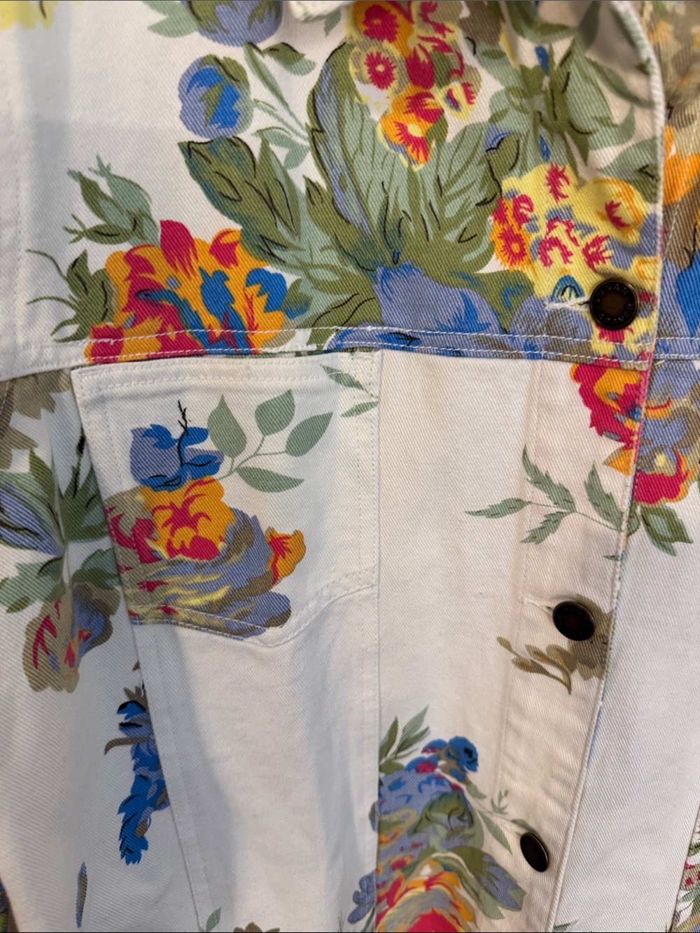 Susan Graver Floral Print Jean Jacket in Cream, Blue, Yellow, Red, Green - Picture 3 of 9